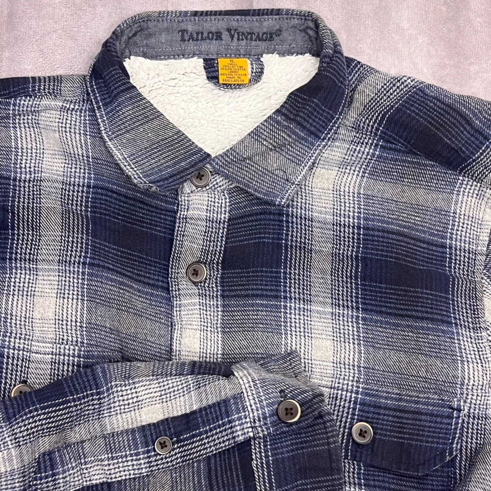 Tailor Vintage Flannel Shirt Jacket Mens XL Blue Plaid Sherpa Lined Excellent